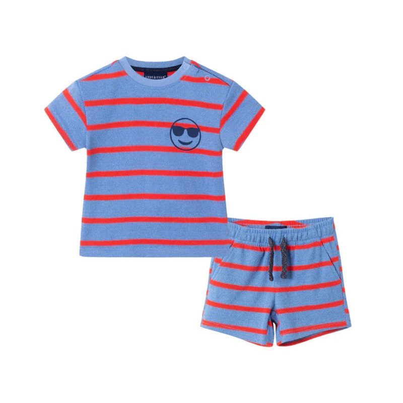 Andy & Evan Blue and Red Striped Terry Short Set
