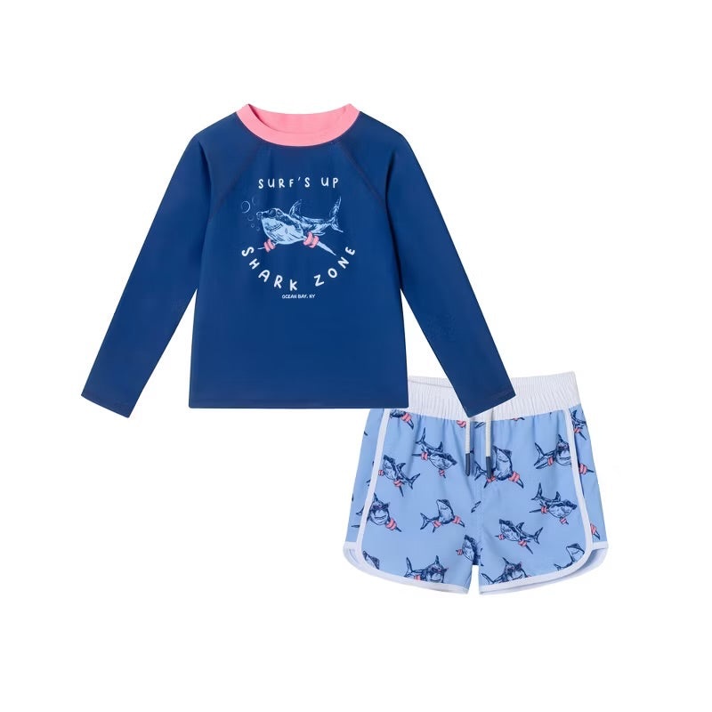 Andy & Evan Navy Long Sleeve Rash Guard With Shark Graphic & Shark Swim Trunks