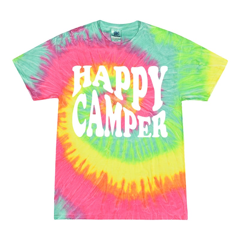 Azarhia Happy Camper White Puff Paint on Rainbow   T-Shirt