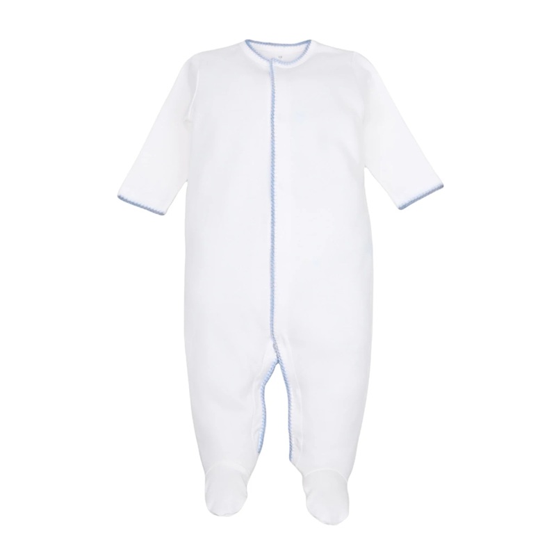 Baby Loren Footie - White w/ Light Blue Trim