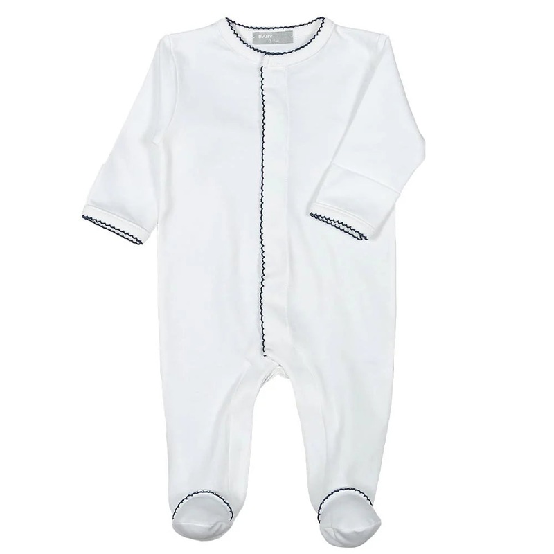 Baby Loren Footie - White w/ Navy Trim