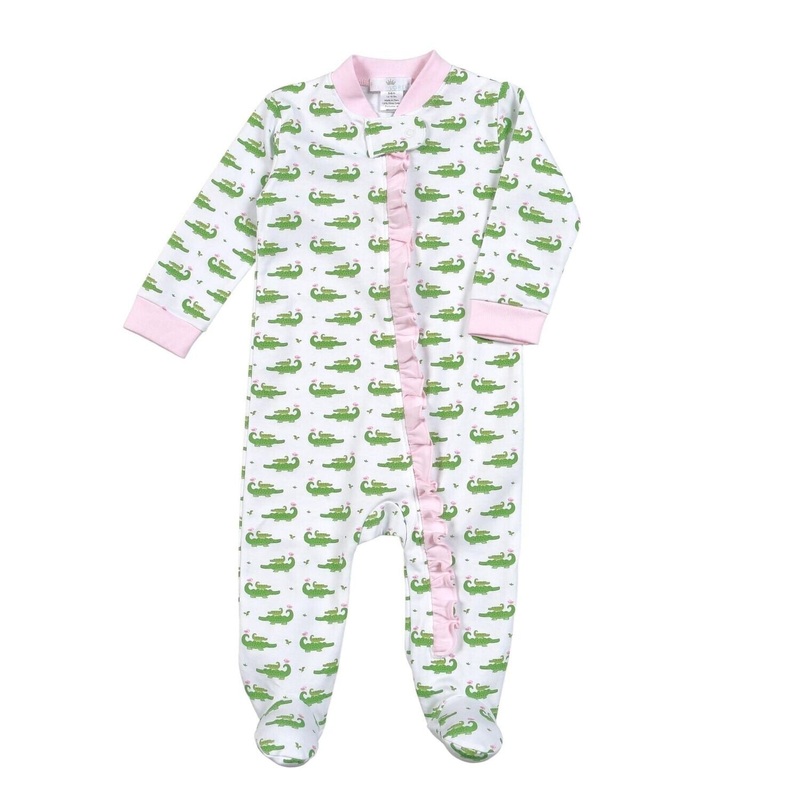 Baby Loren Zipper Footie - Pink Alligators