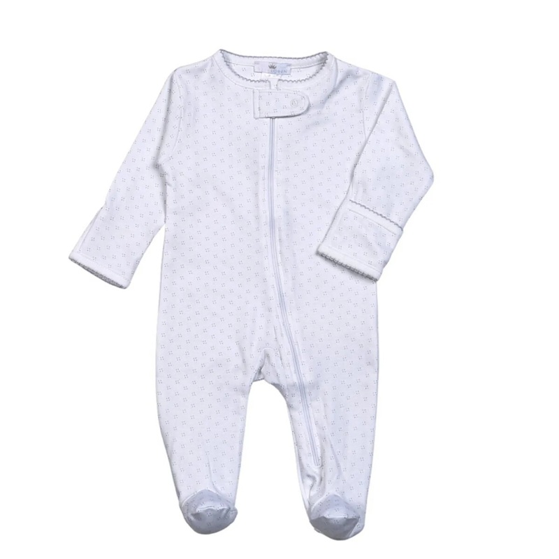 Baby Loren Zipper Footie - White w/ Grey Dots