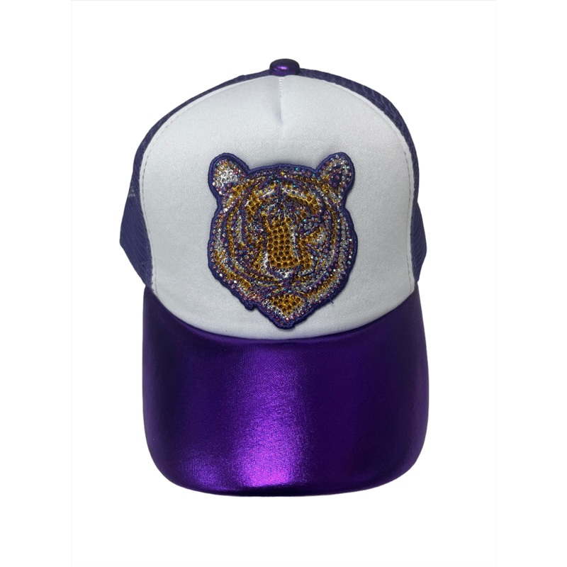 Azarhia Tiger Face Rhinestone Purple Metallic Trucker Hat