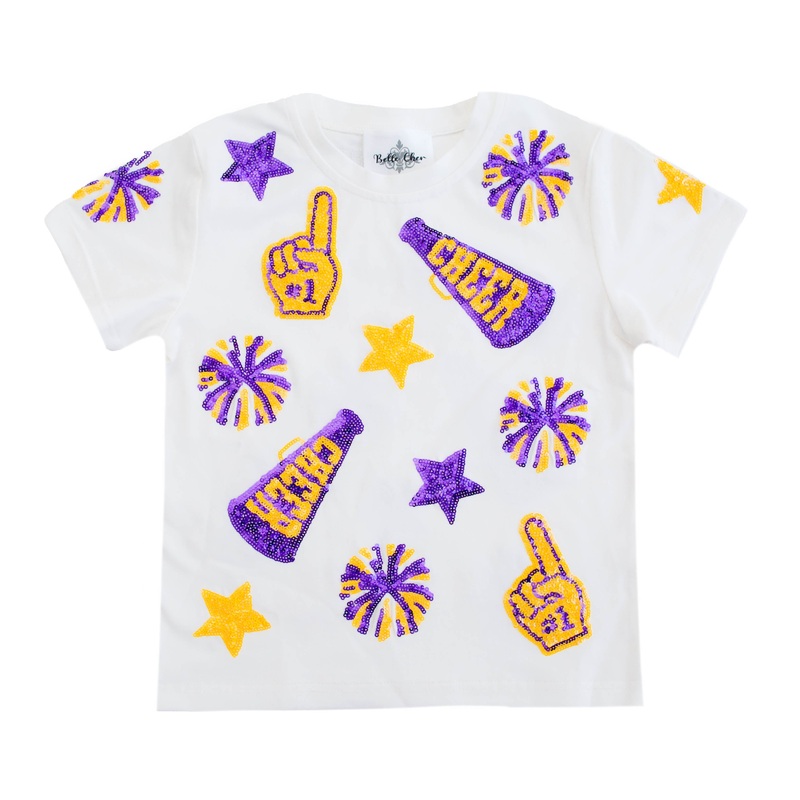 Belle Cher White Purple & Gold Sequin Cheer Tee