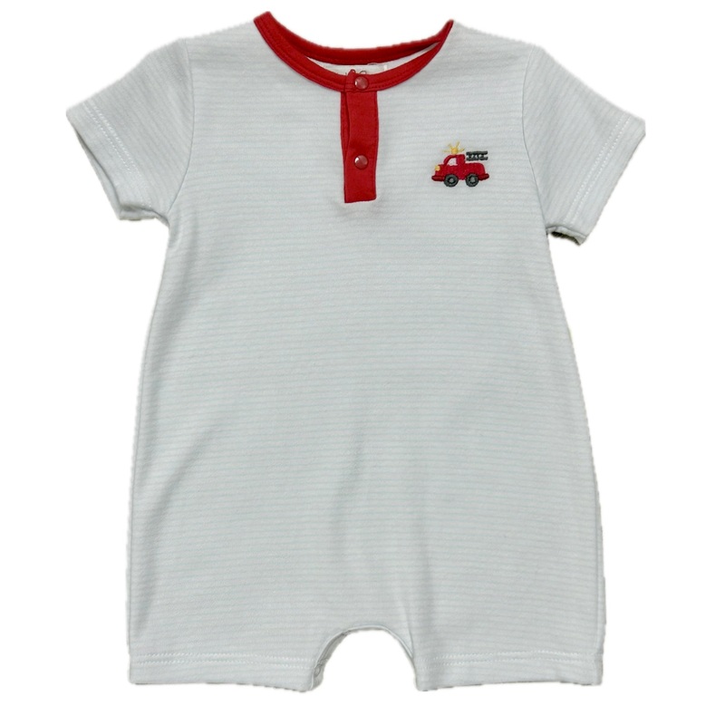 Petit Ami Blue Knit Shortall w/ Fire Truck