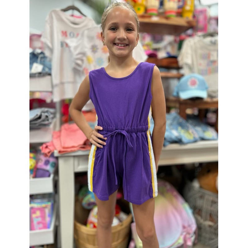 Belle Cher Purple Knit Romper with Purple/Gold Sequin Stripes