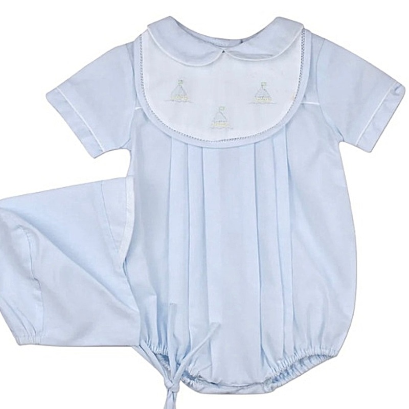 Petit Ami Blue Sailboat Romper Set w/ Bib & Bonnet