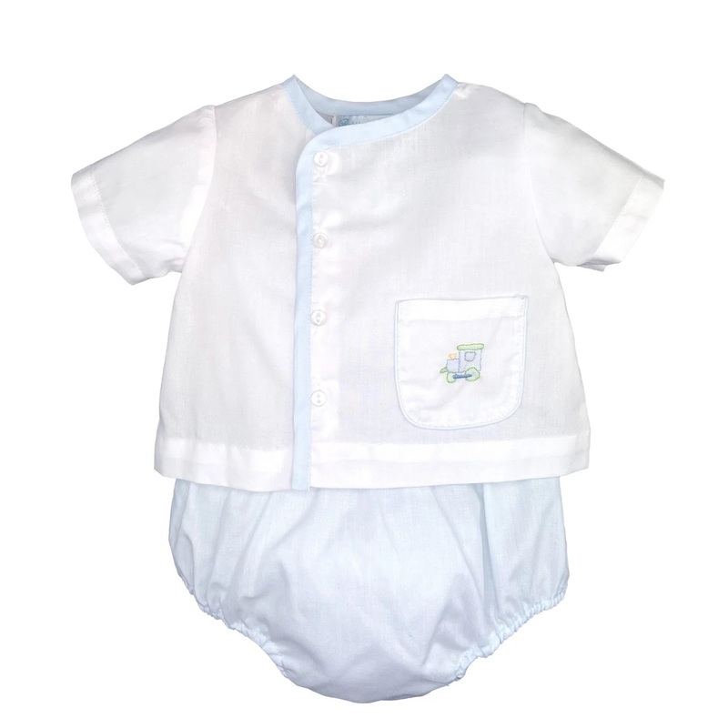 Petit Ami White & Blue Train Diaper Set w Blue Bonnet