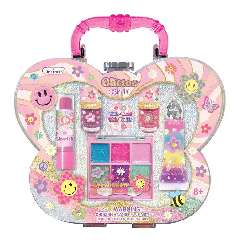 Hot Focus Glitter Cosmetic Set in Acrylic Case - Groovy Flower