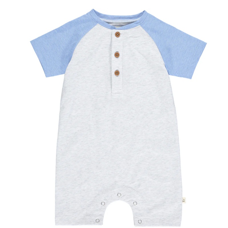 Me & Henry Afloat Raglan Block Henley Romper Grey Blue