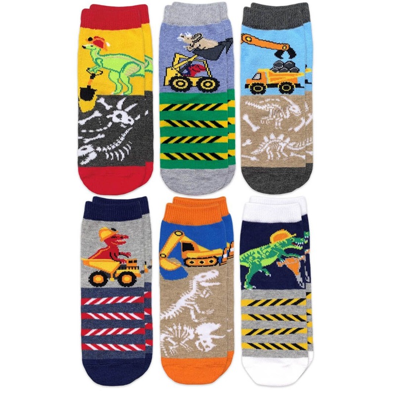 Construction Dinosaurs Pattern Crew Socks 6 Pair Pack