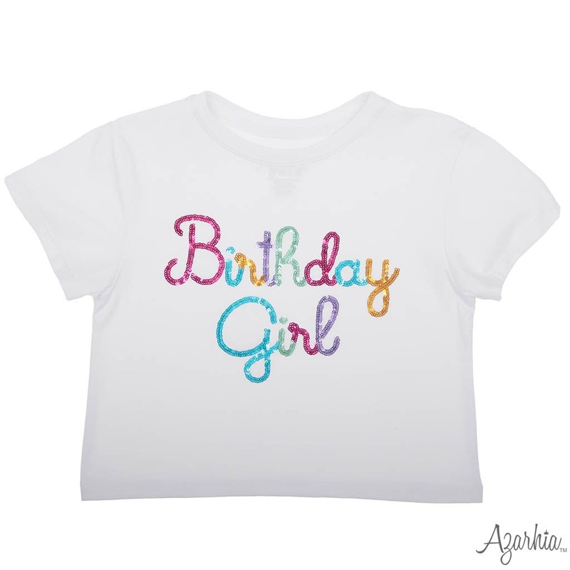 Azarhia Birthday Girl Sequin on White Boxy Gold Shimmer Trim Tee