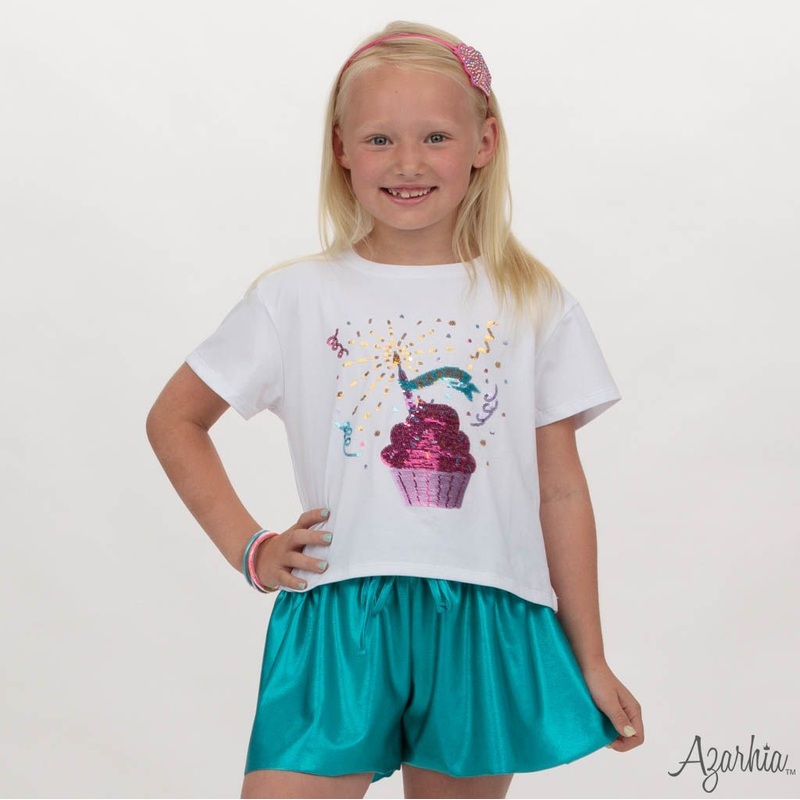 Azarhia Cupcake Birthday Sequin on White Boxy Gold Shimmer Trim Tee