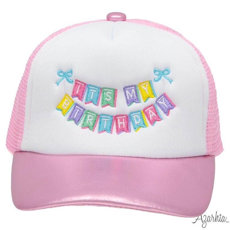 Azarhia Happy Birthday Banner Embroidery on Light Pink Metallic Trucker Hat