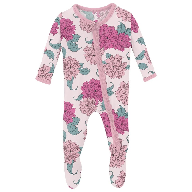 Kickee Print Layette Ruffle 2 Way Zipper Footie - Shrinking Violet Peonies