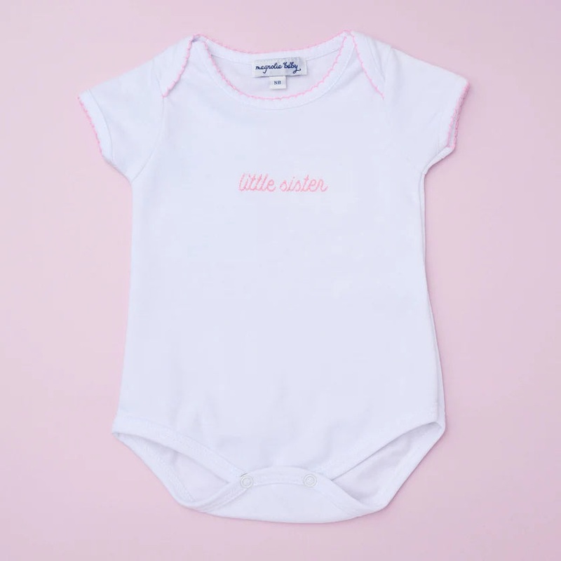 Magnolia Baby Little Sister Pink Embroidered Bodysuit