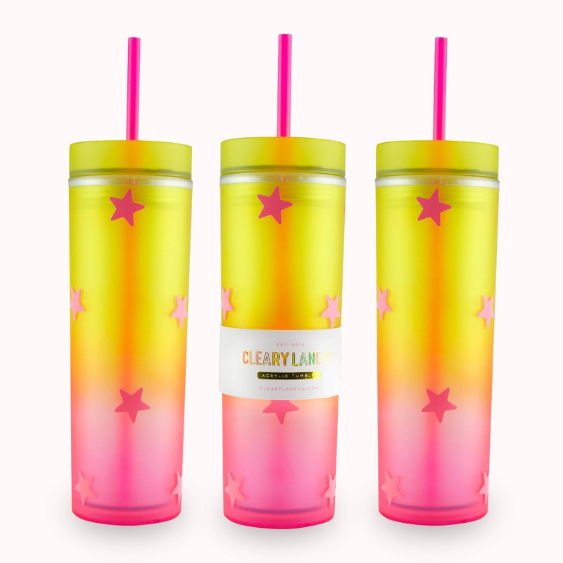 16oz Matte Tumbler Cup with Straw | Yellow/Pink Stars