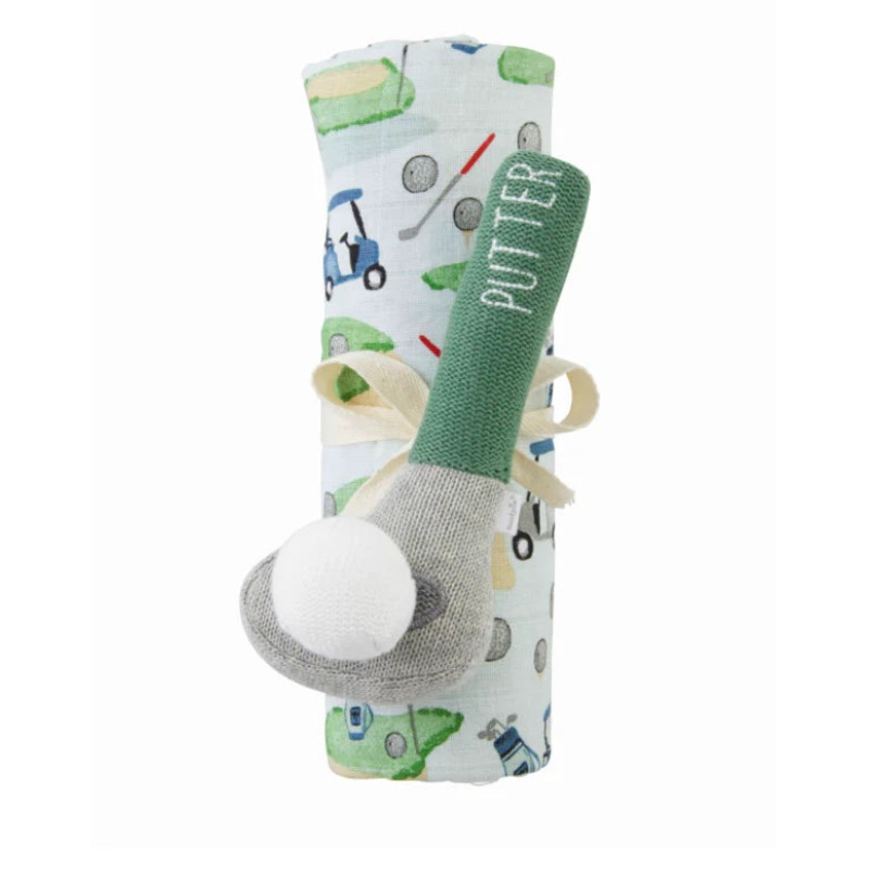 Mud Pie Golf Muslin Swaddle Blanket with Rattle