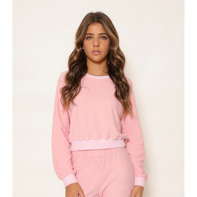 Terry Cloth Cropped Crewneck/Pocket Shorts Set - Pink