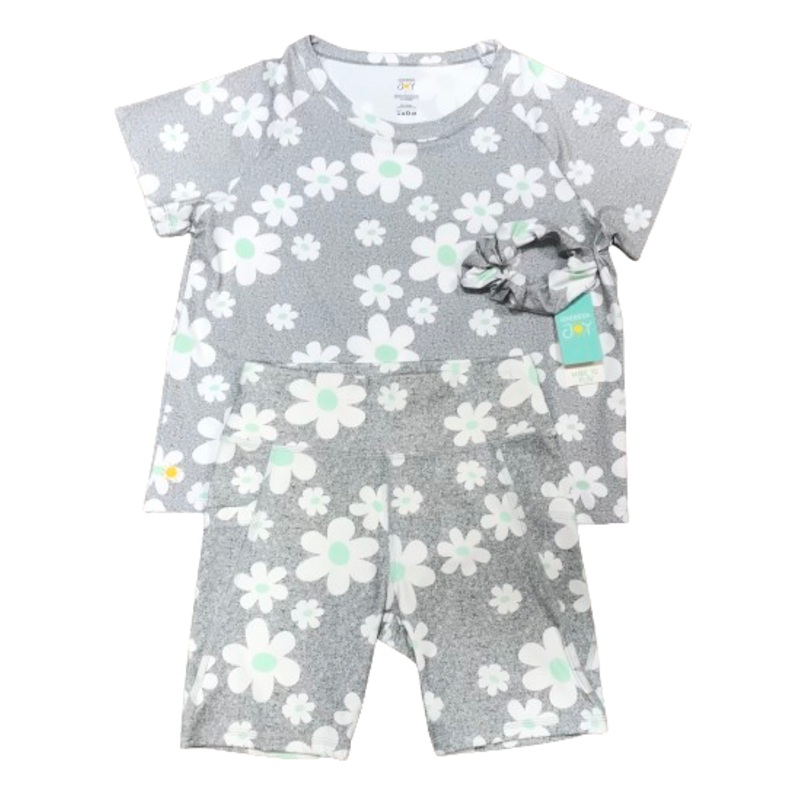 Tulip Tee/Biker Shorts/Scrunchie Set - Gray Floral
