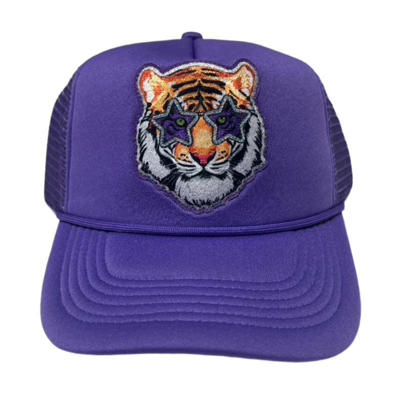 Purple Tiger Patch Trucker Hat with Rope Trim