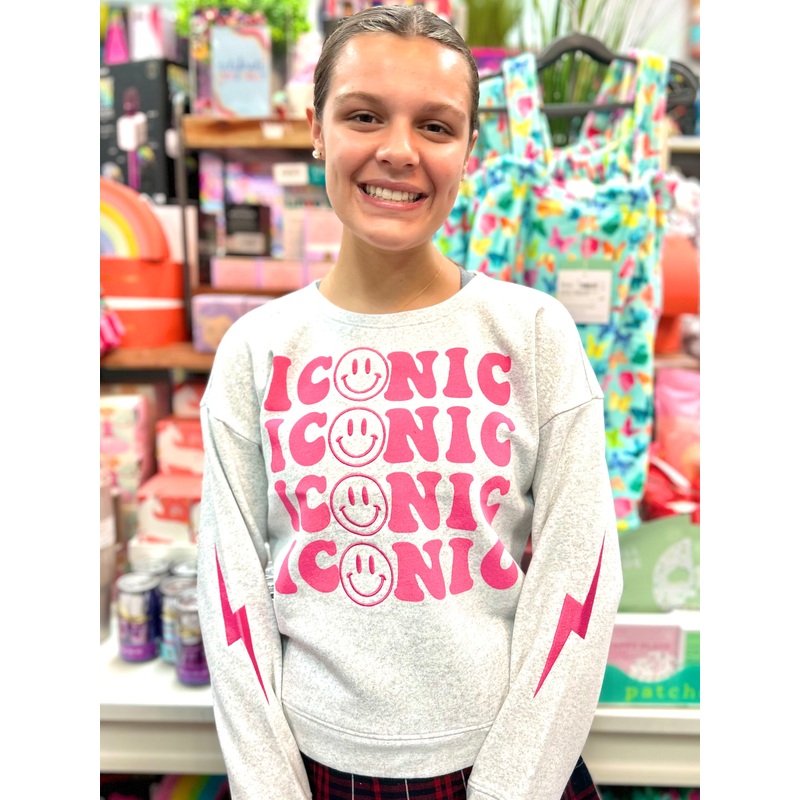 Heather Grey Iconic Happy Face Embroidery Graphic Tween Sweatshirt