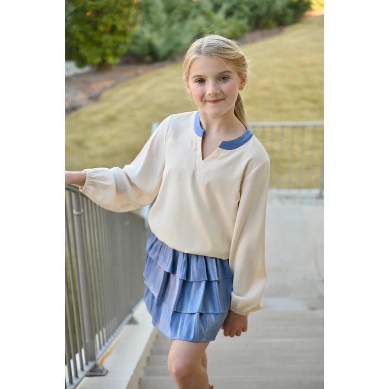 Pleat Collection Milly Top - Cream/Blue