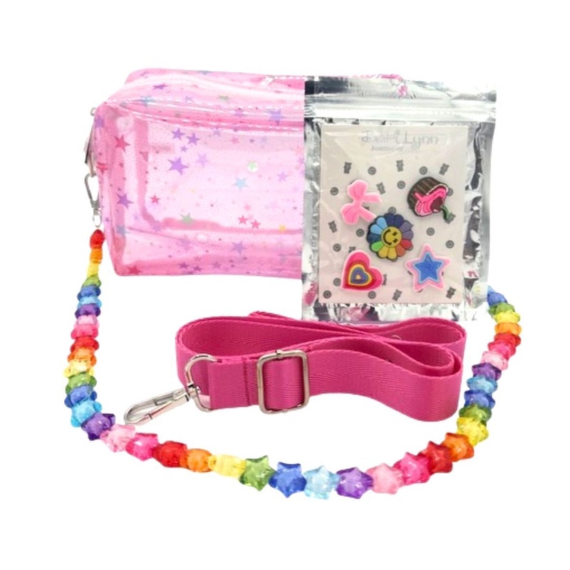 Clear Star Print Bag with Rainbow Star Handle and Charm Pack