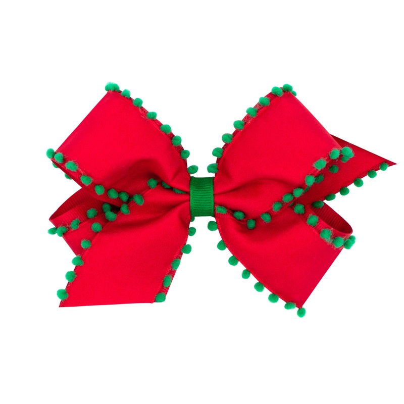 Medium Holiday Style Pom-Pom Edge Grosgrain Overlay Hair Bow