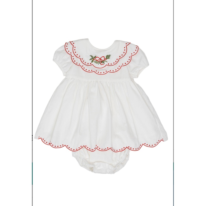 The Oaks White Holly Wreath Carol Dress with Scalloped Collar & Bloomers
