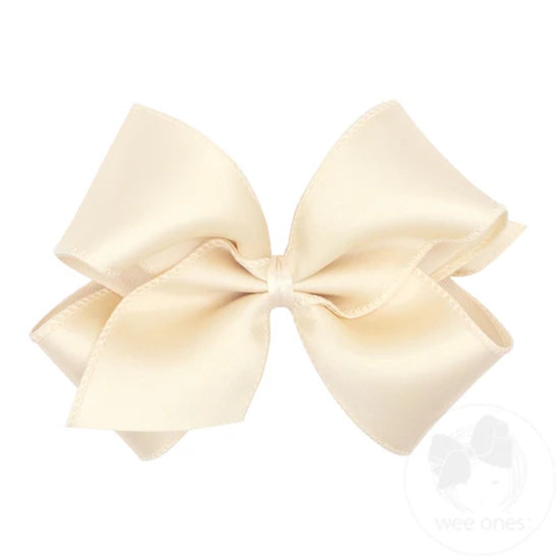 Wee Ones King Jewel Satin with Grosgrain Overlay Hair Bow - Antique White