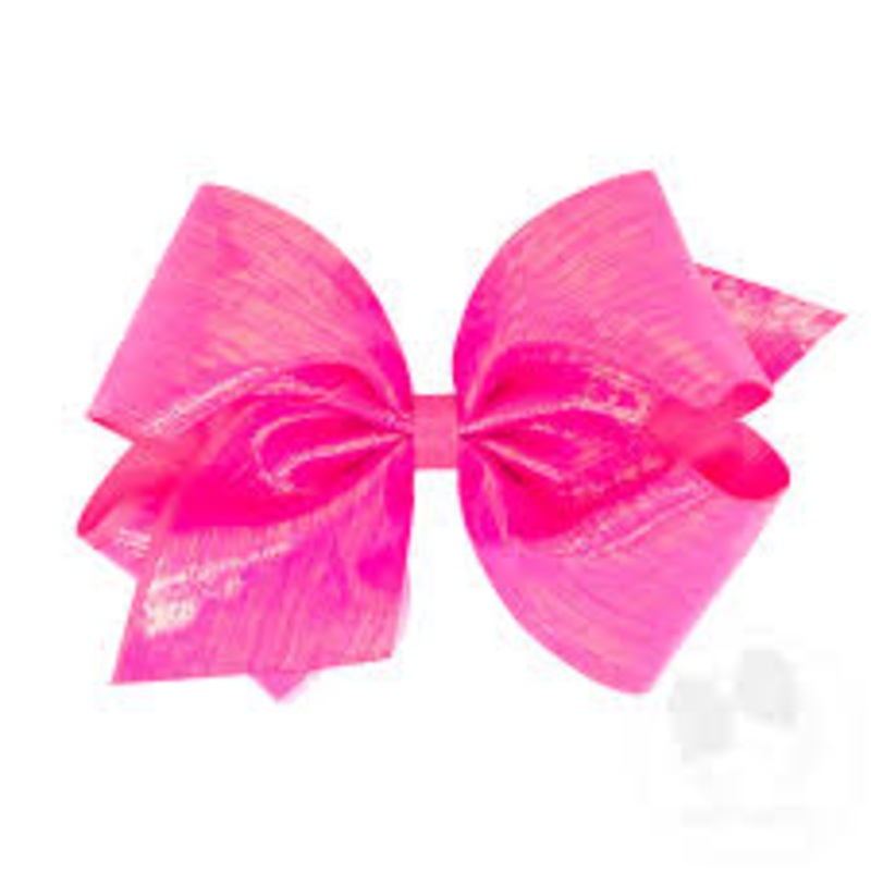 Wee Ones King Sheer Iridescent and Grosgrain Overlay Hair Bow - Hot Pink