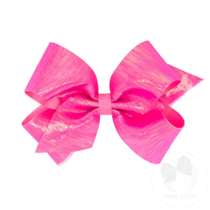Wee Ones Medium Sheer Iridescent and Grosgrain Overlay Hair Bow - Hot Pink