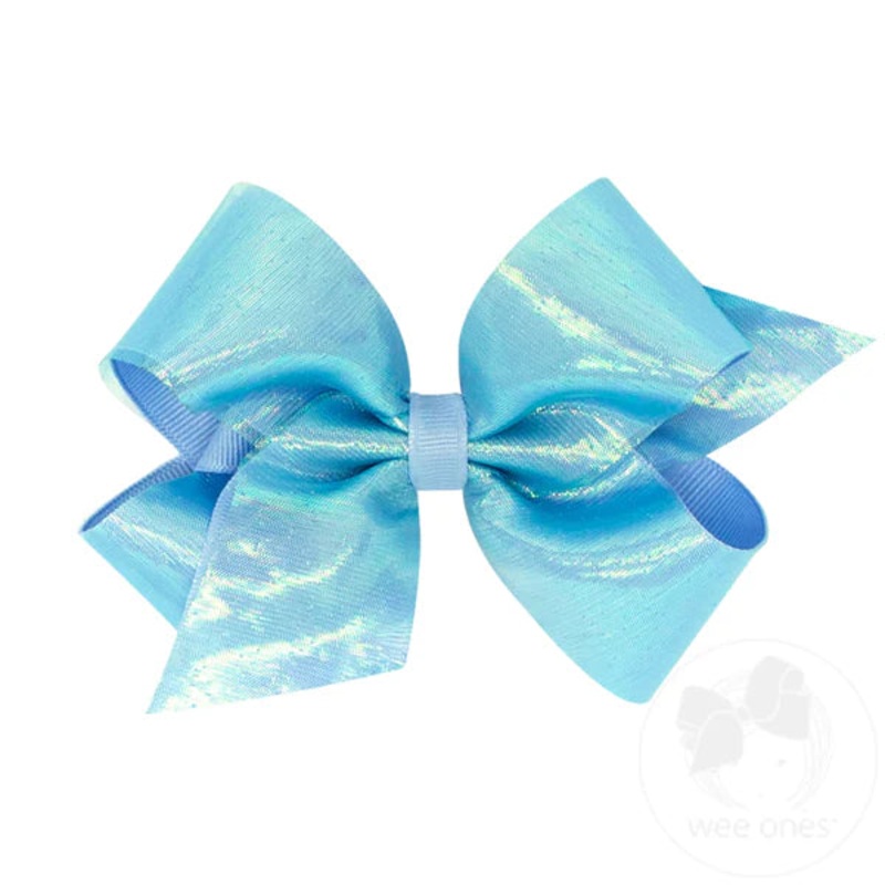 Wee Ones Medium Sheer Iridescent and Grosgrain Overlay Hair Bow - Millenium Blue
