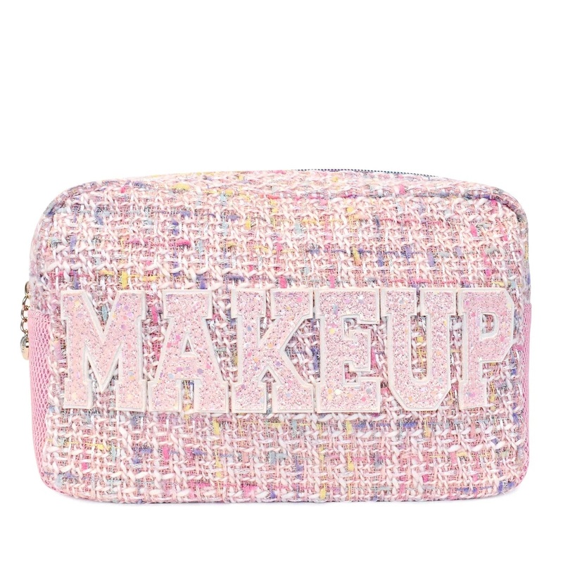 Pink Tweed Applique Makeup Pouch