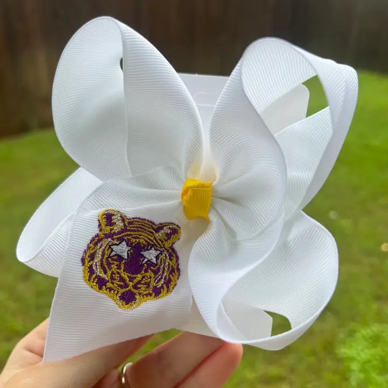 Tiger White Embroidered Hair Bow