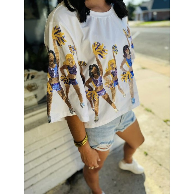 White Sequin Purple & Gold Cropped Cheer Tee