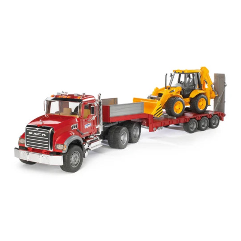 Bruder MACK Granite Flatbed Truck w/ JCB Low Loader Backhoe