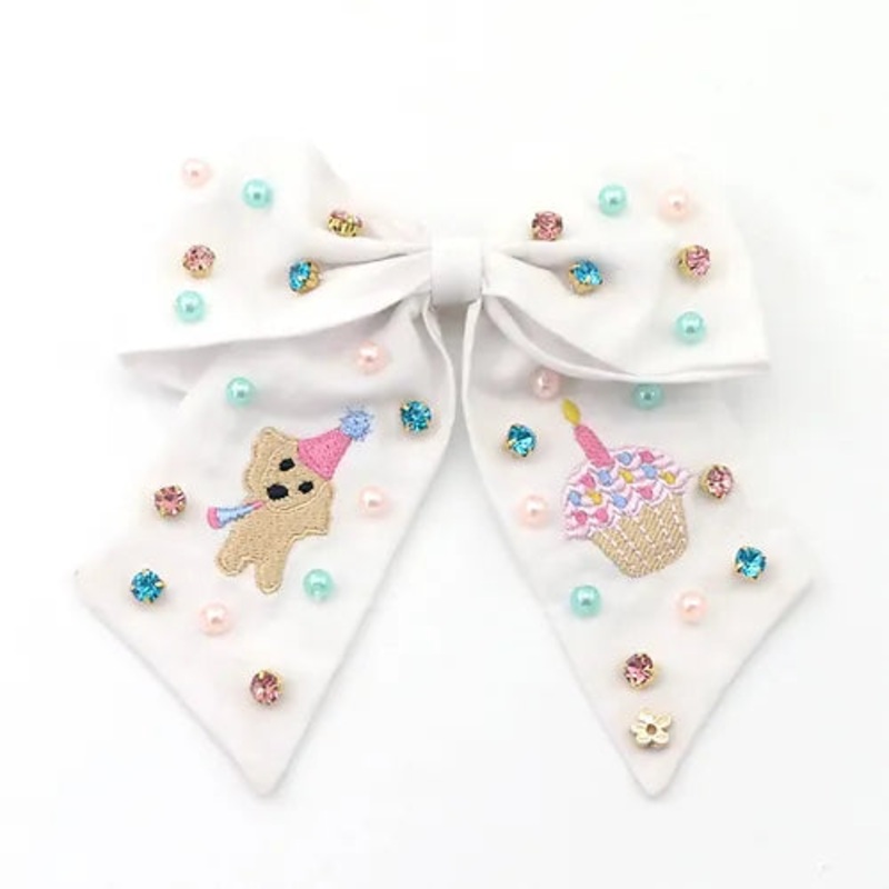 Poppyland White Embroidered/Beaded Birthday Girl Bow