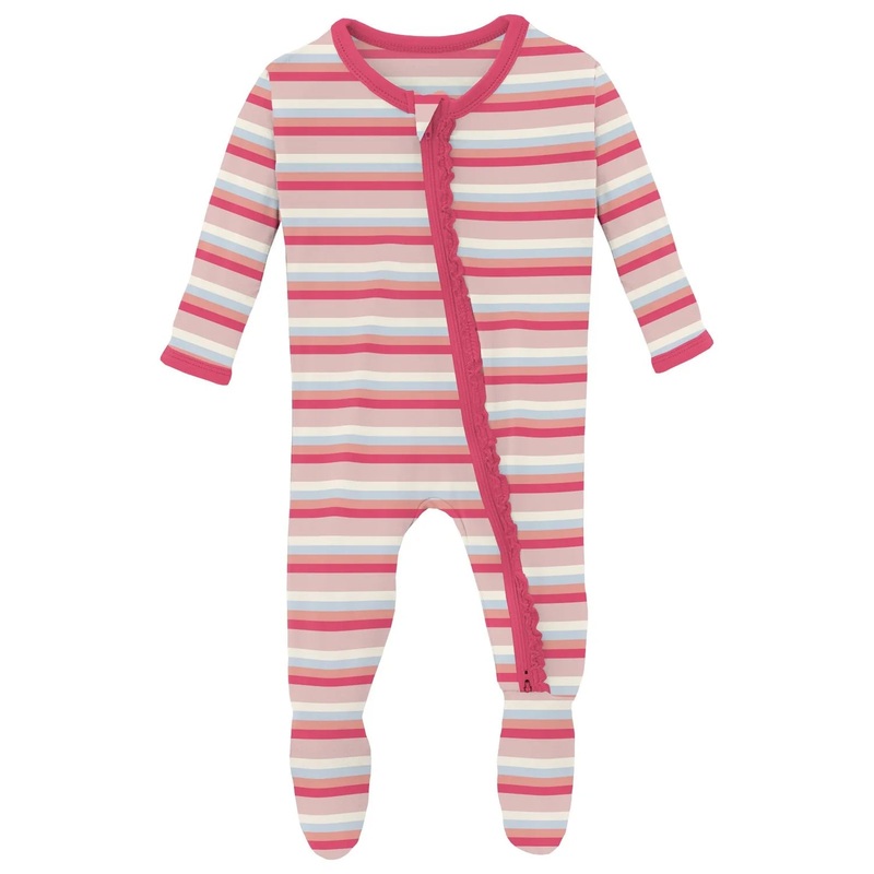 Kickee Muffin Ruffle 2 Way Zipper Footie - Baby Rose Stripe