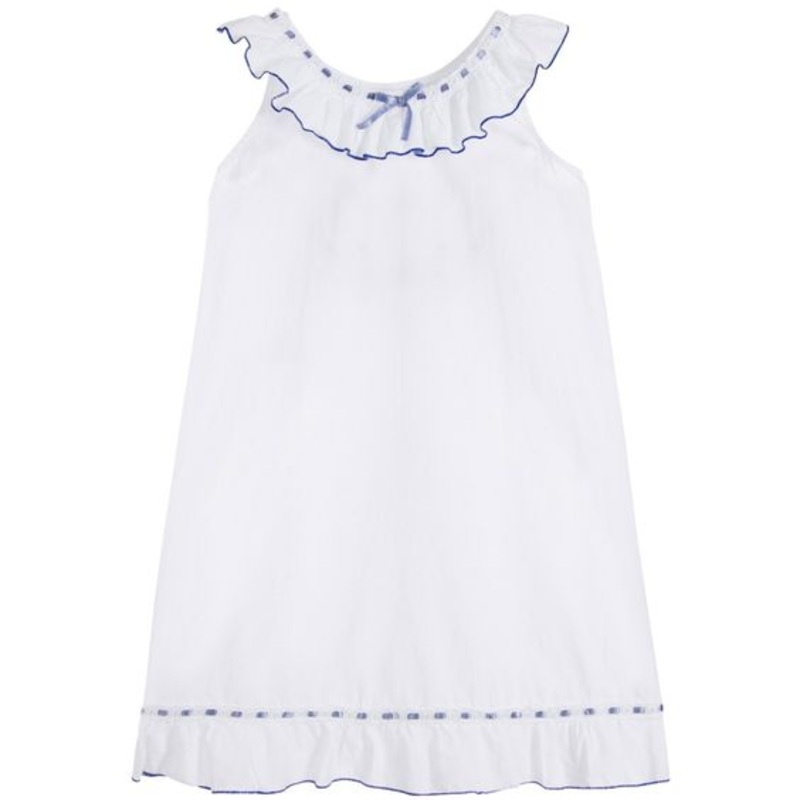 Powell Craft White Cotton Night Dress w/ Navy Ribbon Trim