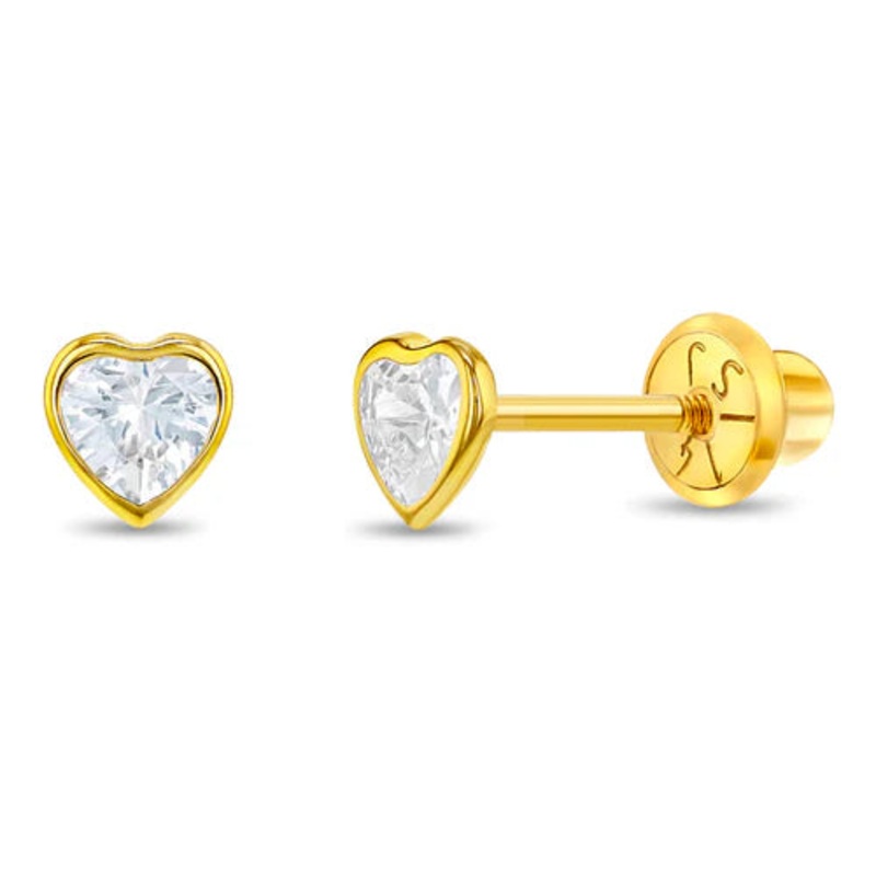 14K Gold Bezel CZ Clear Heart Screw Back Earrings