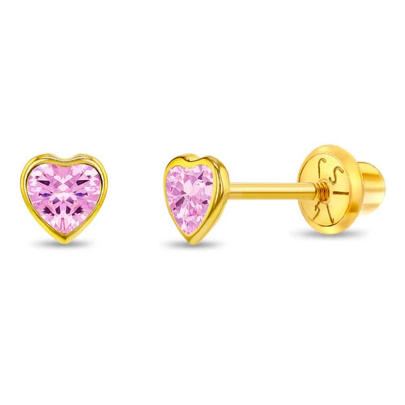 14K Gold Bezel CZ Pink Heart Screw Back Earrings