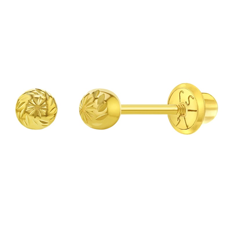 14K Gold Diamond Cut Ball Stud Screw Back Earrings