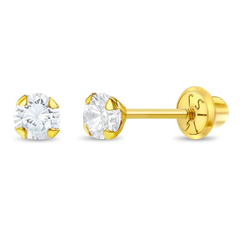 14K Gold Flush CZ Solitaire 3mm Screw Back Earrings