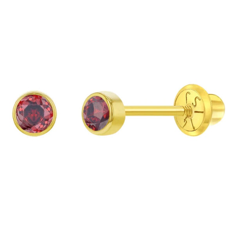 14K Gold Tiny Bezel CZ Birthstone Solitaire 3mm Screw Back Earrings