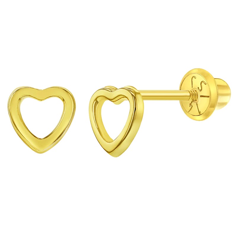 14K Gold Tiny Open Heart Screw Back Earrings