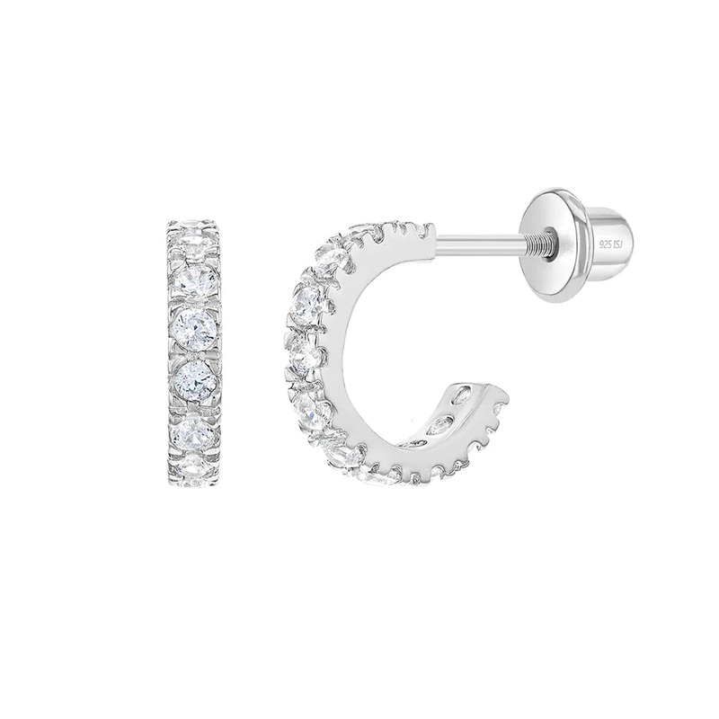 925 SS Clear CZ Small Half Hoop Screw Back Earrings