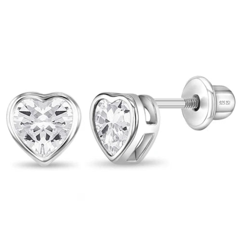 SS Bezel CZ Solitaire Clear Heart Screw Back Earrings